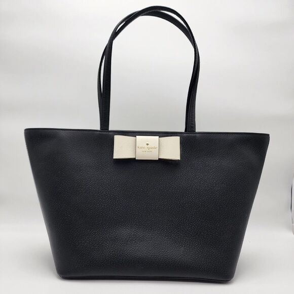 Kate Spade Ellis Robinson Leather Shoulder Tote Black Strap Cement White Bow‎ - Picture 1 of 16